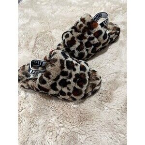 UGG Fluff Yeah Leopard Shearling Sandal Slippers Size 7